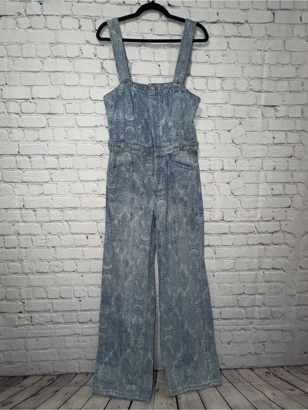 Free People - We The Free Light Blue Paisley Denim Overalls